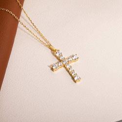 S.Leaf Cross Necklace for Women 14k Gold plated Sterling Silver Cross Necklace for Women Gold Cross Pendant Simple Dainty Necklace