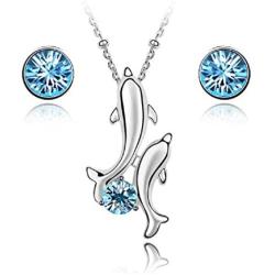 Crystalline Azuria Jewelry Set Crystals from Swarovski Blue Simulated Aquamarine Crystal Dolphin Pendant Necklace for Women Pendant Necklace 18'' Stud Earrings 18K White Gold Plated Necklace