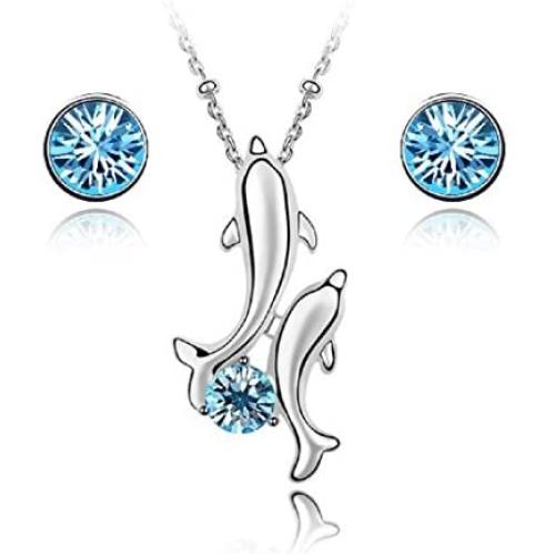 Crystalline Azuria Jewelry Set Crystals from Swarovski Blue Simulated Aquamarine Crystal Dolphin Pendant Necklace for Women Pendant Necklace 18'' Stud Earrings 18K White Gold Plated Necklace