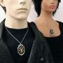 Antiqued Goat Head Satanic Baphomet Cameo Bone on Black in Silver Finish Frame Pendant Necklace