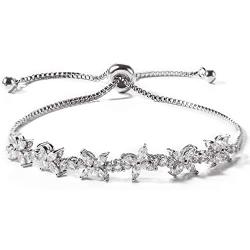 Miss Rabbit Cubic Zirconia Classic Flower Tennis Bracelet for Women with Elegant Box, White Gold Plating Bridal Adjustable Bracelet for Wedding Jewelry Gift