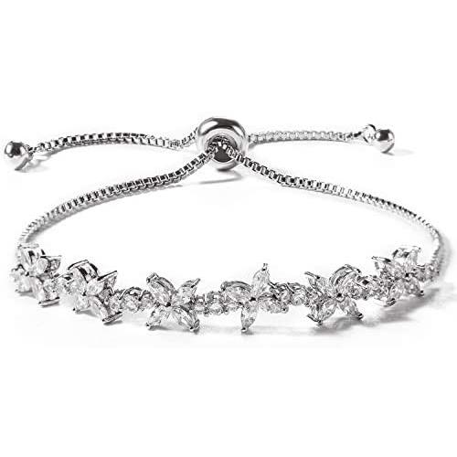 Miss Rabbit Cubic Zirconia Classic Flower Tennis Bracelet for Women with Elegant Box, White Gold Plating Bridal Adjustable Bracelet for Wedding Jewelry Gift