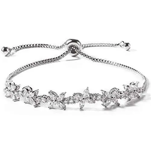 Miss Rabbit Cubic Zirconia Classic Flower Tennis Bracelet for Women with Elegant Box, White Gold Plating Bridal Adjustable Bracelet for Wedding Jewelry Gift