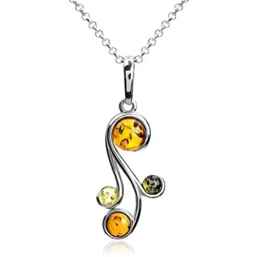 Multicolor Amber Sterling Silver Pendant Necklace Chain 18''