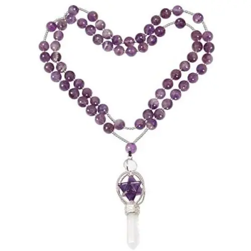 SUNYIK Natural Spinning Merkaba Star Chakra Pendant Necklace for Women Men, Hexagonal Prisms Stone Point Reiki Healing Crystal Magic Wand, 13.5''-14.5'' Strand