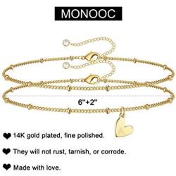 MONOOC Heart Initial Bracelets for Women, Dainty 14K Gold Filled Layered Double Initial Letter Charm Bracelets for Women Girls Jewelry Gifts