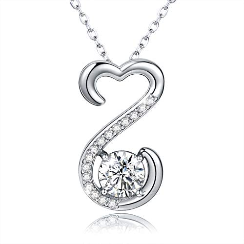 APOTIE 925 Sterling Silver Open Heart Necklace - Birthstone CZ Pendant Jewelry Gift for Mom Girls Women