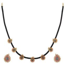 Tarinika Makul Antique Gold-Plated Indian Jewelry Set with CZ pendant Necklace and Earrings - Red Green