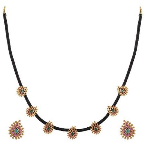 Tarinika Makul Antique Gold-Plated Indian Jewelry Set with CZ pendant Necklace and Earrings - Red Green