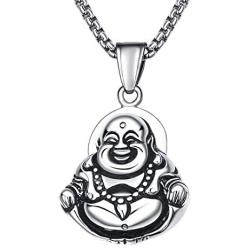 BBBGEM Men Women Buddha Necklace Yogi Meditation Jewelry, Steel Siddhattha Gotama Head & Praying Hand Pendant Necklace,Buddhism Buddhist Amulet Necklace, Pilgrimage Gift (Gift Box Included)