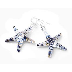 SUVANI Sterling Silver Hand Blown Glass Jewelry Glittery Gold Blue White Starfish Dangle Earrings