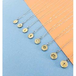 Hand Stamped Personalized Initial Necklace, Stainless Steel with Solid Brass Letter Necklace Dainty Coin Charm Bracelet Delicate Disc Name Necklace for Women Girls