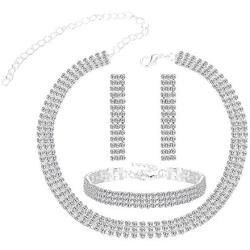 JOERICA Bridal Choker Jewerly Set for Women Silver Bridesmaid Wedding Rhinestone Choker Bracelet and Earrings Set with 5 Pcs Bridal Headband Set