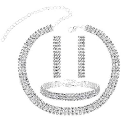 JOERICA Bridal Choker Jewerly Set for Women Silver Bridesmaid Wedding Rhinestone Choker Bracelet and Earrings Set with 5 Pcs Bridal Headband Set