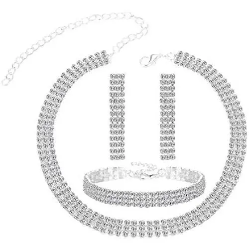 JOERICA Bridal Choker Jewerly Set for Women Silver Bridesmaid Wedding Rhinestone Choker Bracelet and Earrings Set with 5 Pcs Bridal Headband Set