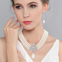 EVER FAITH Crystal 4 Layers Simulated Pearl Elegant Vintage Inspired Chandelier Necklace Earrings Set