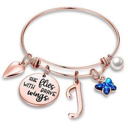 M MOOHAM Butterfly Charm Bracelets for Women, She Flies with Brave Wings Rose Gold Stainless Steel Bangle Bracelet 26 Letters Initial Charm Butterfly Bracelets for Women Teen Girls Jewelry Gifts