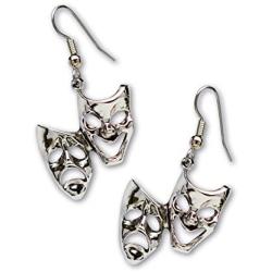 Comedy Tragedy Masks for Drama Theater and Actors Silver Finish Pewter Dangle Earrings