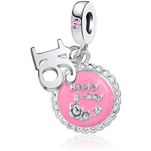 QeenseKc Happy Birthday Number 16th 18th 21th Charm Celebration Cake Dangle Bead for Pandora Charm Bracelet Pink Enamel