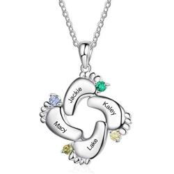 Personalized Necklace for Mother with 1-6 Name Custom Baby Feet Pendant Necklace for Mom with Simulated Birthstone Family Jewelry for Mom