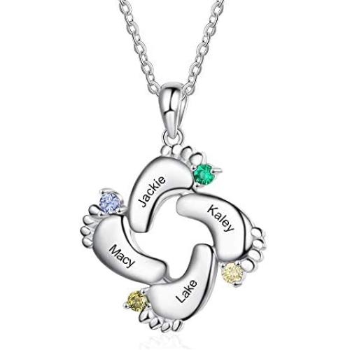 Personalized Necklace for Mother with 1-6 Name Custom Baby Feet Pendant Necklace for Mom with Simulated Birthstone Family Jewelry for Mom