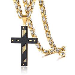 MEALGUET Two-Tone Black and Gold Stainless Steel Lords Prayer English Bible Verse Our Father Cross Crucifix Pendant Necklace