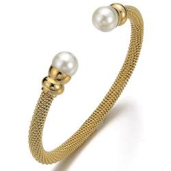 Classic Ladies Stainless Steel Twisted Cable Bangle Bracelet with Synthetic White Pearl