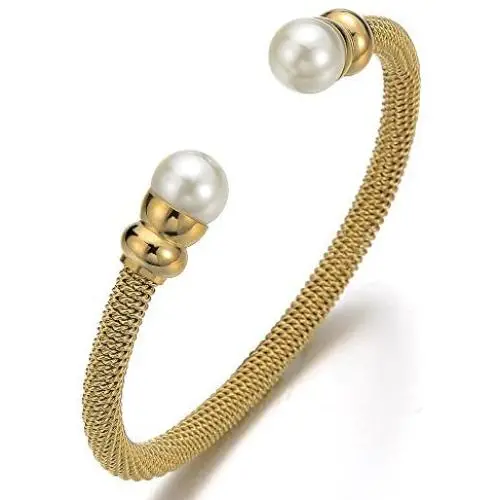 Classic Ladies Stainless Steel Twisted Cable Bangle Bracelet with Synthetic White Pearl Classic Ladies Stainless Steel Twisted Cable Bangle Bracelet with Synthetic White Pearl