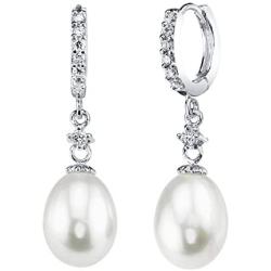 THE PEARL SOURCE 9-10mm Genuine White Freshwater Cultured Pearl & Cubic Zirconia Shiny Circle Earrings for Women