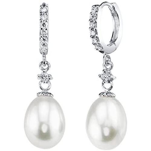 THE PEARL SOURCE 9-10mm Genuine White Freshwater Cultured Pearl & Cubic Zirconia Shiny Circle Earrings for Women