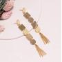 Geometric Metal Motif Linear with Chain Tassel Long Drop Polished Earrings