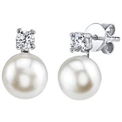 THE PEARL SOURCE 7-8mm Genuine White Freshwater Cultured Pearl & Cubic Zirconia Rosalie Earrings for Women