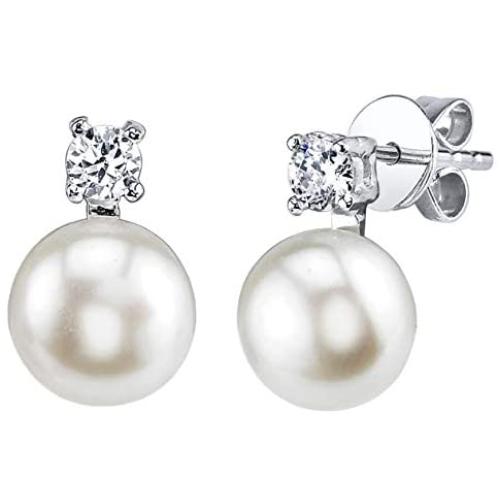 THE PEARL SOURCE 7-8mm Genuine White Freshwater Cultured Pearl & Cubic Zirconia Rosalie Earrings for Women