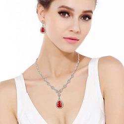 EVER FAITH Austrian Crystal Zircon Wedding Teardrop Necklace Earrings Set Ruby Color Silver-Tone