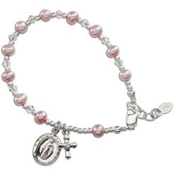 Childrens Sterling Silver Communion Rosary Bracelet with Cultured Pearl and Crystal (6-6.5'')