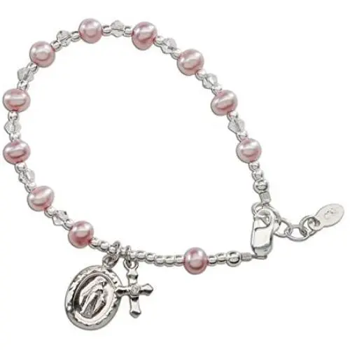 Childrens Sterling Silver Communion Rosary Bracelet with Cultured Pearl and Crystal (6-6.5'') Childrens Sterling Silver Communion Rosary Bracelet with Cultured Pearl and Crystal (6-6.5'')