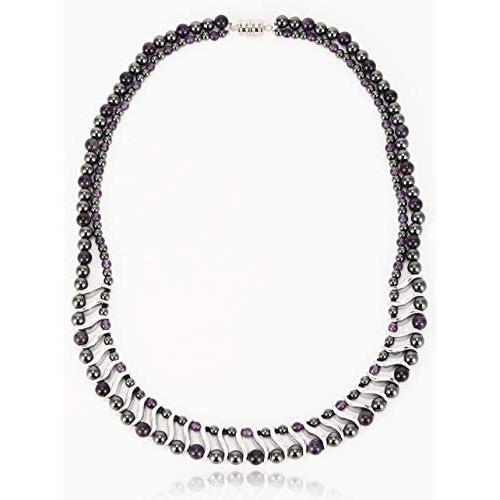 Elegant Womens Hematite Magnetic Therapy Necklace with Healing Stones Pain Relief for Neck Arthritis Migraine Headaches Shoulders and Back (Regular, Amethyst)