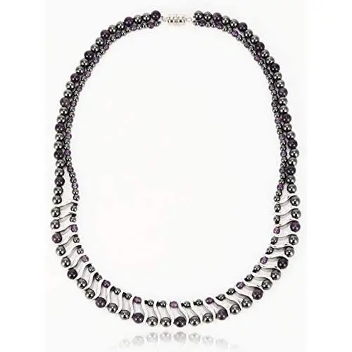 Elegant Womens Hematite Magnetic Therapy Necklace with Healing Stones Pain Relief for Neck Arthritis Migraine Headaches Shoulders and Back (Regular, Amethyst)