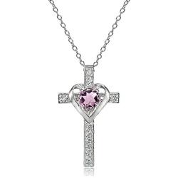 Sterling Silver Genuine or Synthetic Gemstone Heart in Cross Necklace for Women Girls