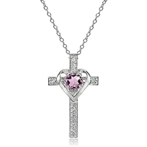 Sterling Silver Genuine or Synthetic Gemstone Heart in Cross Necklace for Women Girls