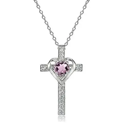 Sterling Silver Genuine or Synthetic Gemstone Heart in Cross Necklace for Women Girls Sterling Silver Genuine or Synthetic Gemstone Heart in Cross Necklace for Women Girls