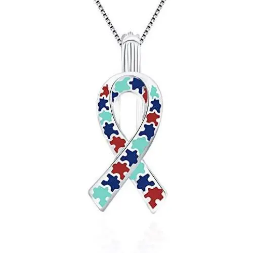 LGSY Ribbon Autism Awareness Puzzle Cage Pendants for Pearl Jewelry Making Sterling Silver, Design Pearl Cage Pendants for Adorable Gift