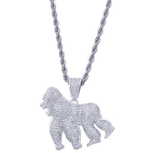 Moca Jewelry Hip Hop Iced Out Bling Ape Pendant Individual Necklace,14K Gold Plated Micro-Pave Simulated Diamond Punk Necklace with 24” Stainless Steel Rope Link Chain for Men Women