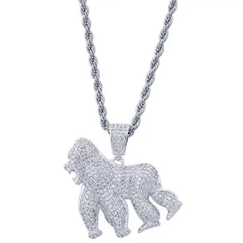 Moca Jewelry Hip Hop Iced Out Bling Ape Pendant Individual Necklace,14K Gold Plated Micro-Pave Simulated Diamond Punk Necklace with 24” Stainless Steel Rope Link Chain for Men Women