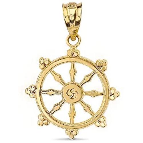 10k Gold Dharmachakra Wheel of the Dharma Buddhism Symbol Pendant