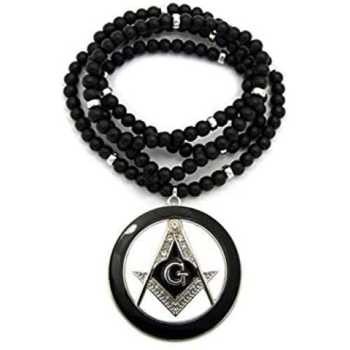 Shiny Jewelers USA Mens Freemason Masonic Compass Pendant with 6mm/30 Wooden Bead Necklace