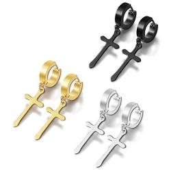 Stainless Steel Cross Earrings for Men Women, Gold/Black/Silver Cross Earrings, Hoop Huggie Earrings Drop Dangle Earrings Piercing Jewelry Set for Boys Girls Teens