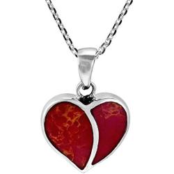 AeraVida One Love Heart Reconstructed Red Coral Inlays .925 Sterling Silver Pendant Necklace