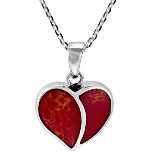 AeraVida One Love Heart Reconstructed Red Coral Inlays .925 Sterling Silver Pendant Necklace