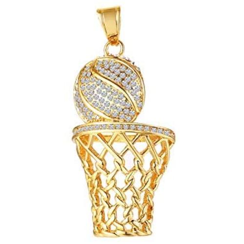 Golden George Basketball Necklace for Men Hip Hop Iced Out Gold Plated Charm Pendant Necklace with 24 Inches Chain for Boys Teen Basketball Fans